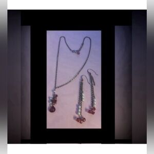 Sterling Silver Pink Crystal Genuine Pearl Jewelry Set #6618